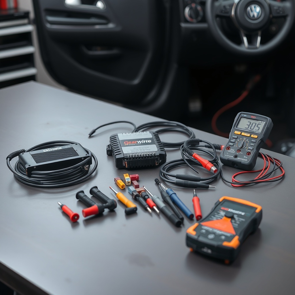 A clean photorealistic photo showing the DriveWise Gear Pro hardwire kit components laid o