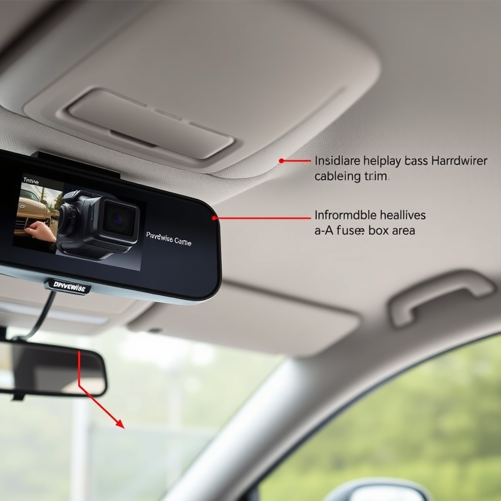 A photorealistic photo showing a car interior with the DriveWise Gear Pro dash cam mounted