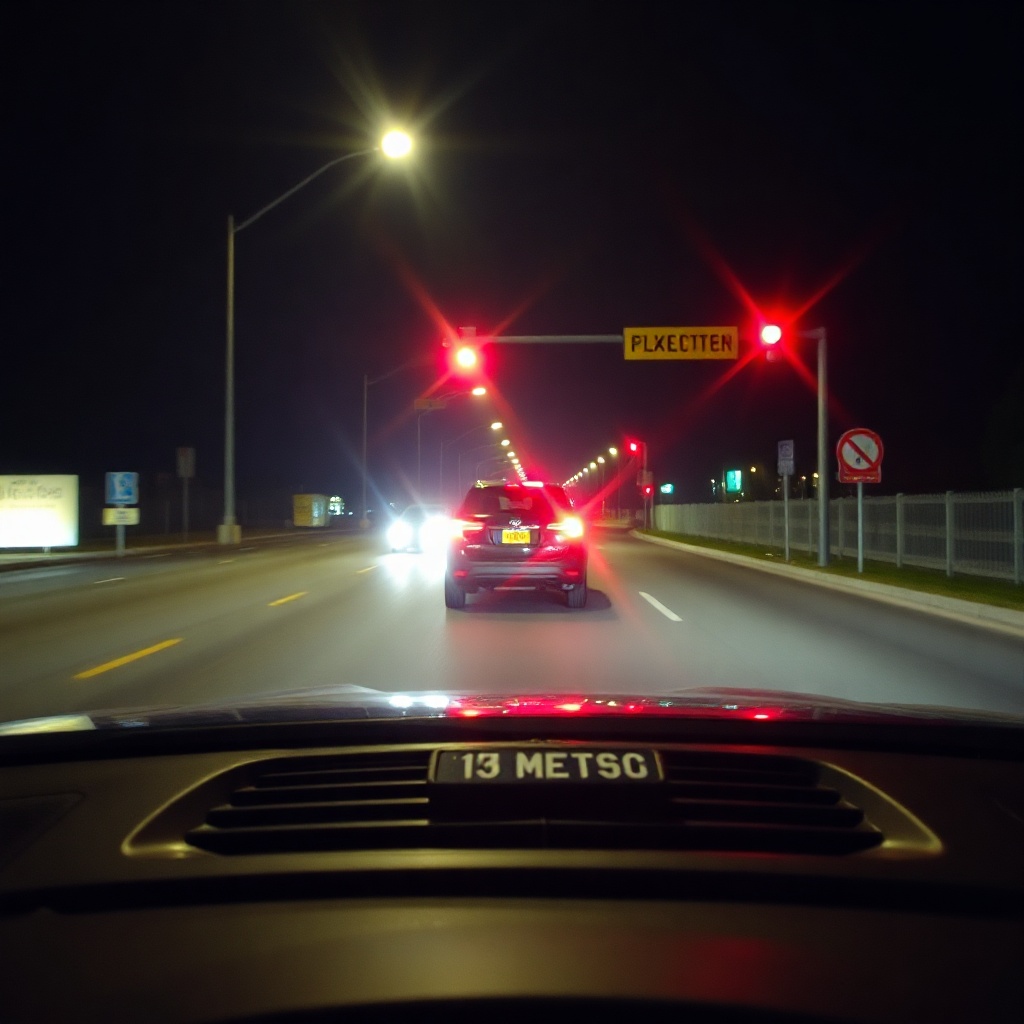 photorealistic night scene of a car stopped at a traffic light