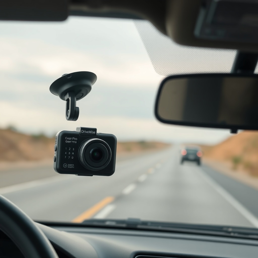 A clean photorealistic photo of a DriveWise Gear Pro dash cam mounted on a windshield with