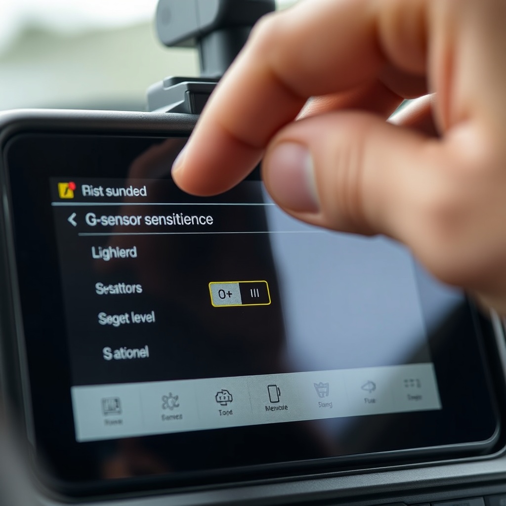 A clean photorealistic photo of a hand adjusting the G-sensor sensitivity setting on a Dri