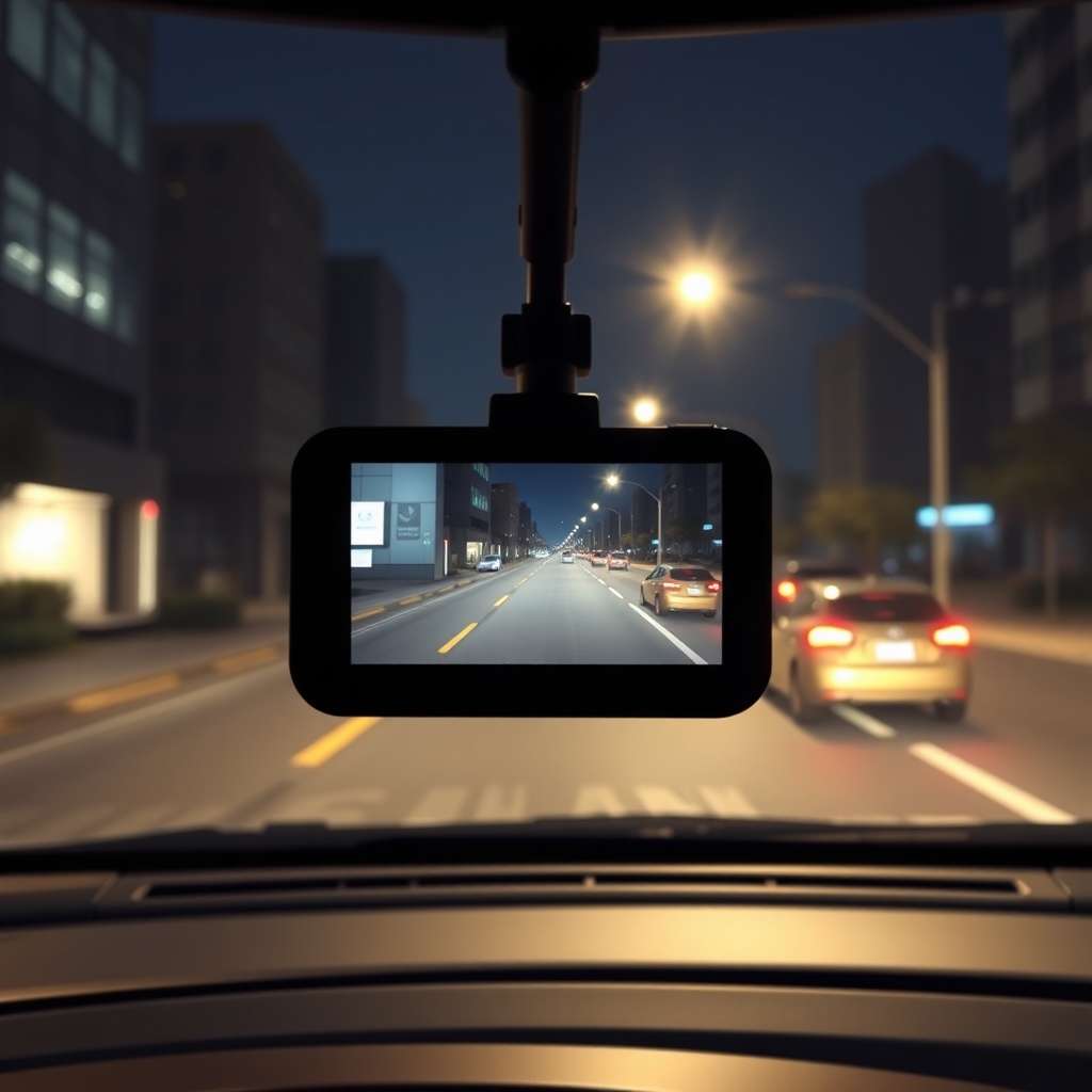 <clean photorealistic photo/illustration of a dash cam recording a nighttime city street w