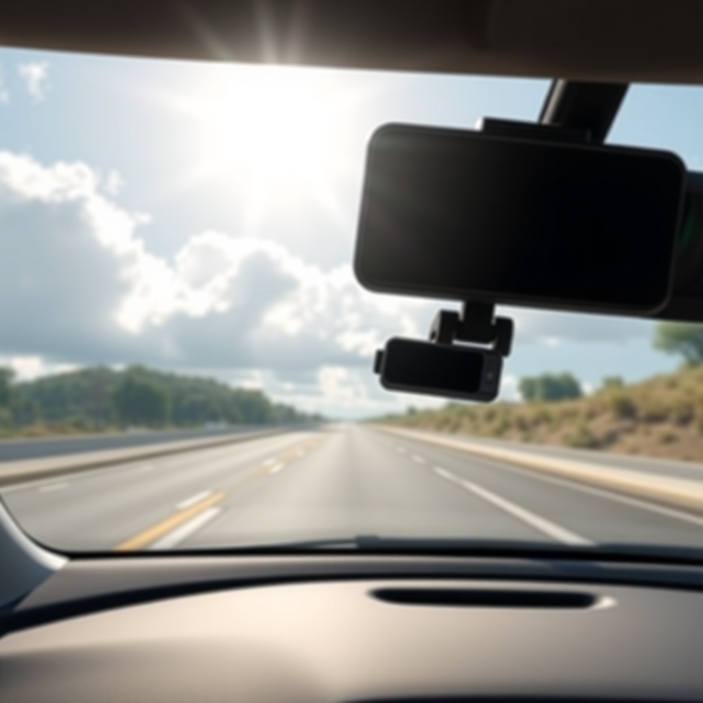 <clean photorealistic photo/illustration of a dash cam recording a sunny road scene with c