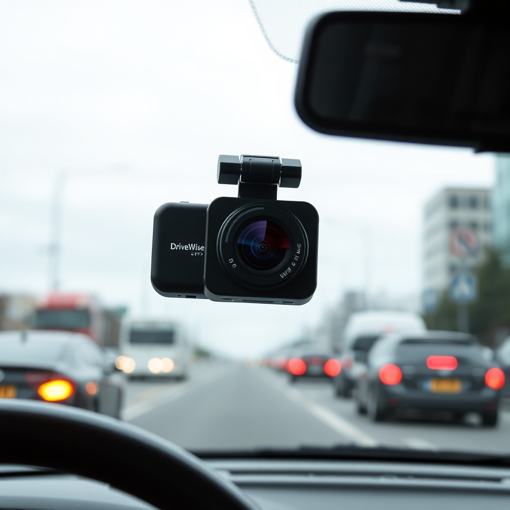 A clean photorealistic photo showing a DriveWise Gear Pro dash cam mounted on a windshield