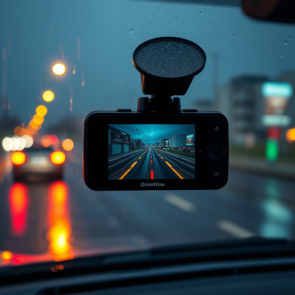 A clean photorealistic photo of a DriveWise Gear Pro dash cam mounted inside a car during