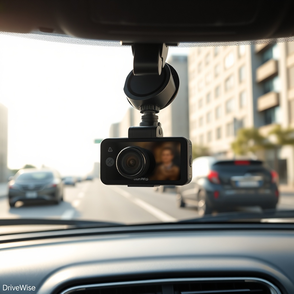 DriveWise Gear Pro dash cam mounted on a car windshield during a sunny day in the city