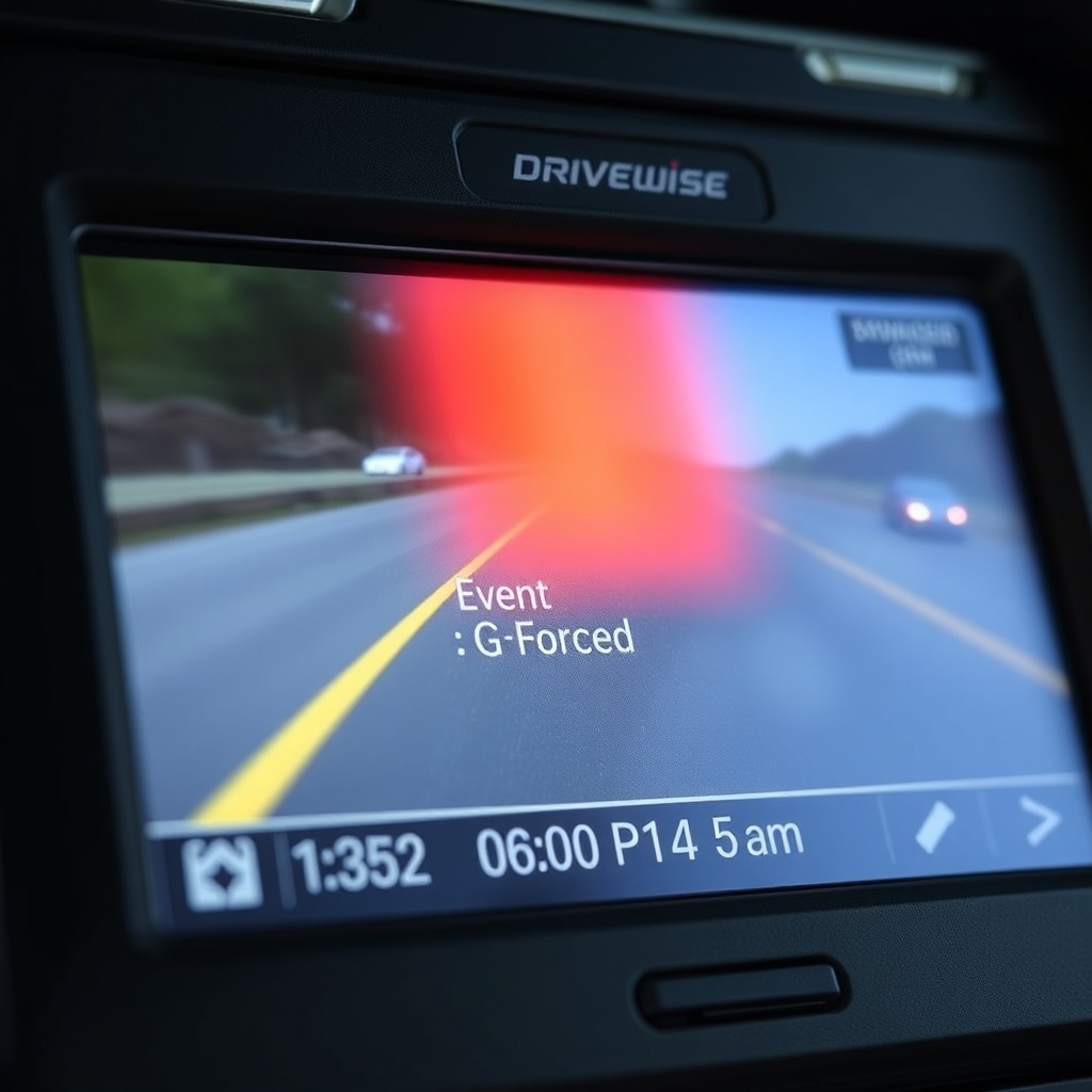 Close-up photo of a DriveWise Gear Pro dash cam screen showing an event recorded video cli