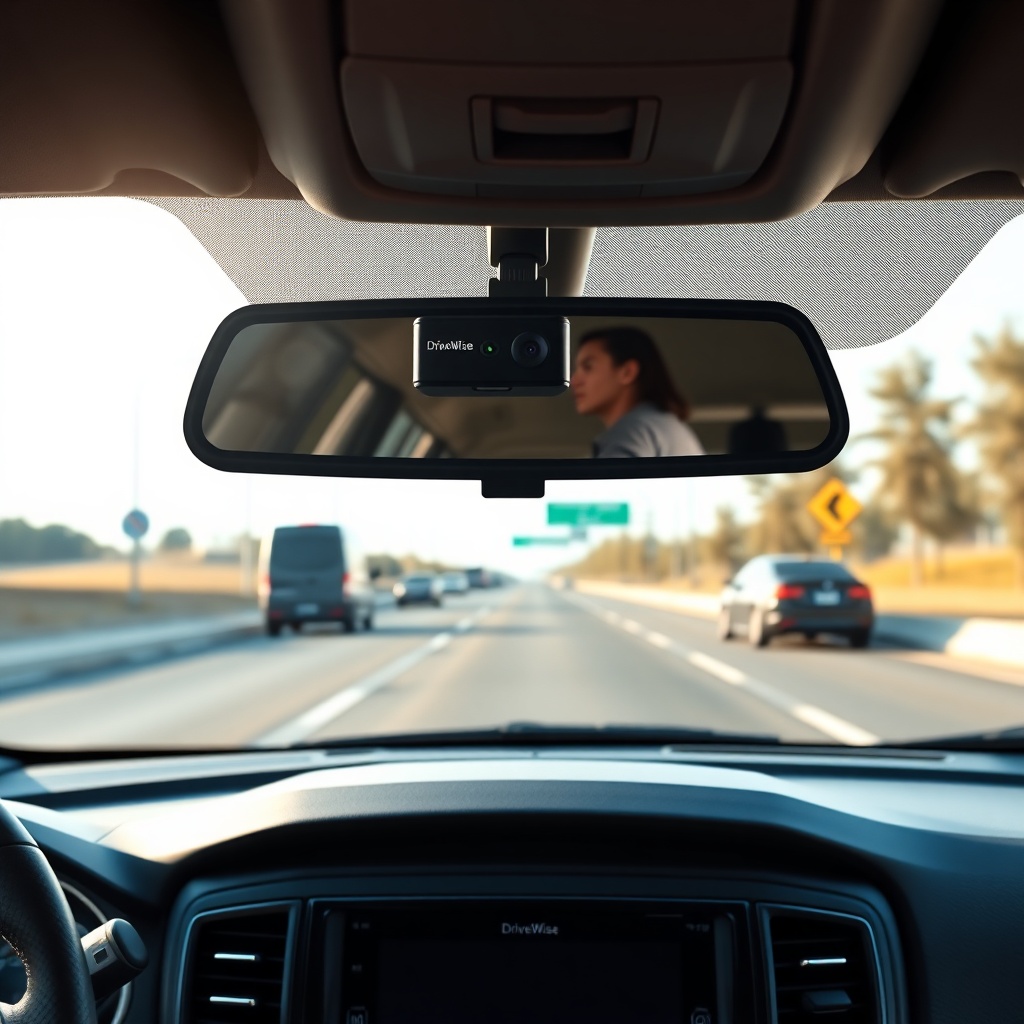 A photorealistic photo of a car dashboard with the DriveWise Gear Pro dash cam mounted beh