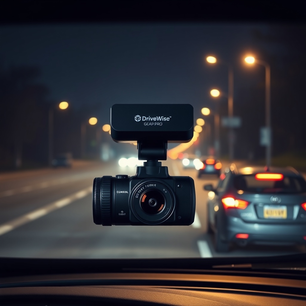 A photorealistic night-time photo of a DriveWise Gear Pro dash cam mounted on a windshield