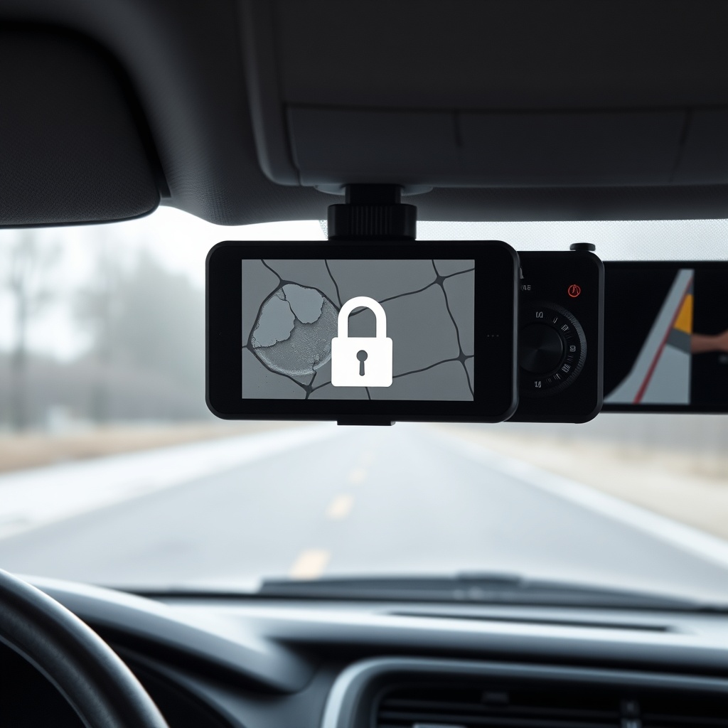 <Clean photorealistic photo of a DriveWise Gear Pro dash cam mounted in a car