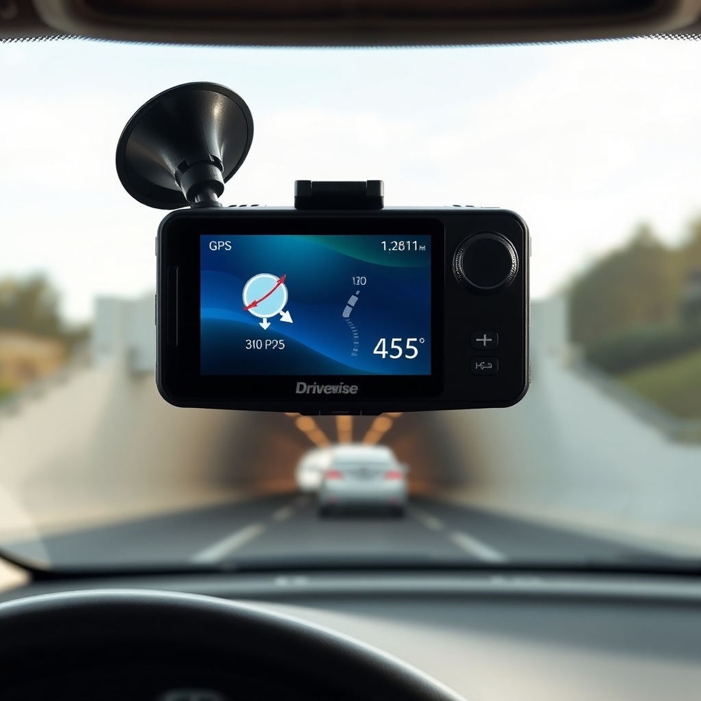 A photorealistic daytime photo of a DriveWise Gear Pro dash cam mounted on a car windshiel