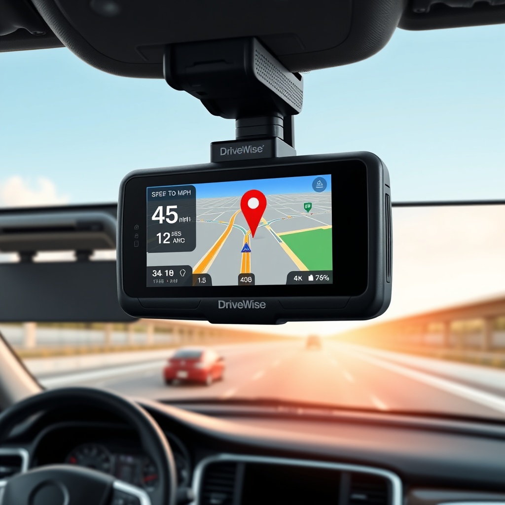 A photorealistic diagonal view of a DriveWise Gear Pro dash cam’s screen showing a map ove