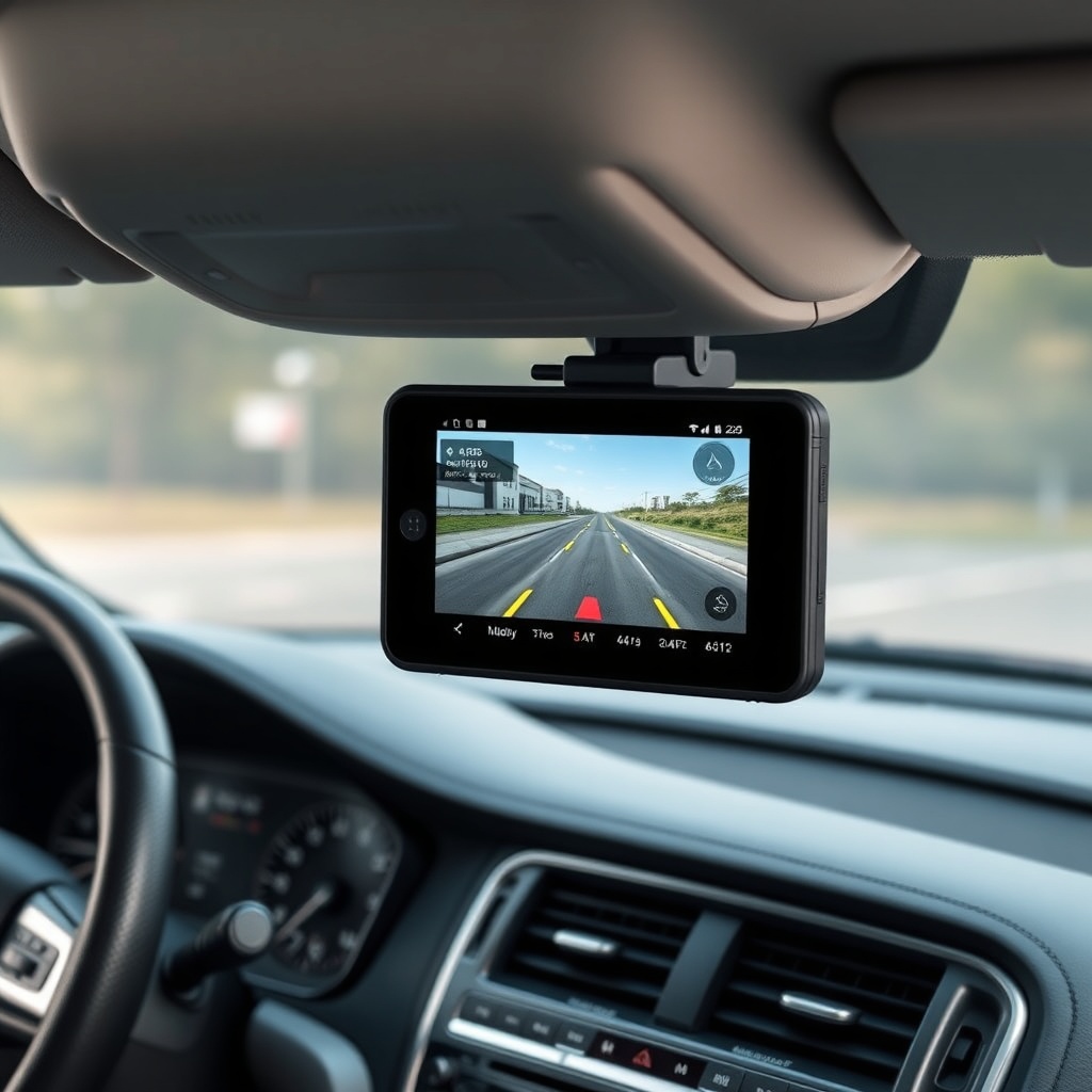 Clean photorealistic interior shot of a car dashboard with the DriveWise Gear Pro mounted