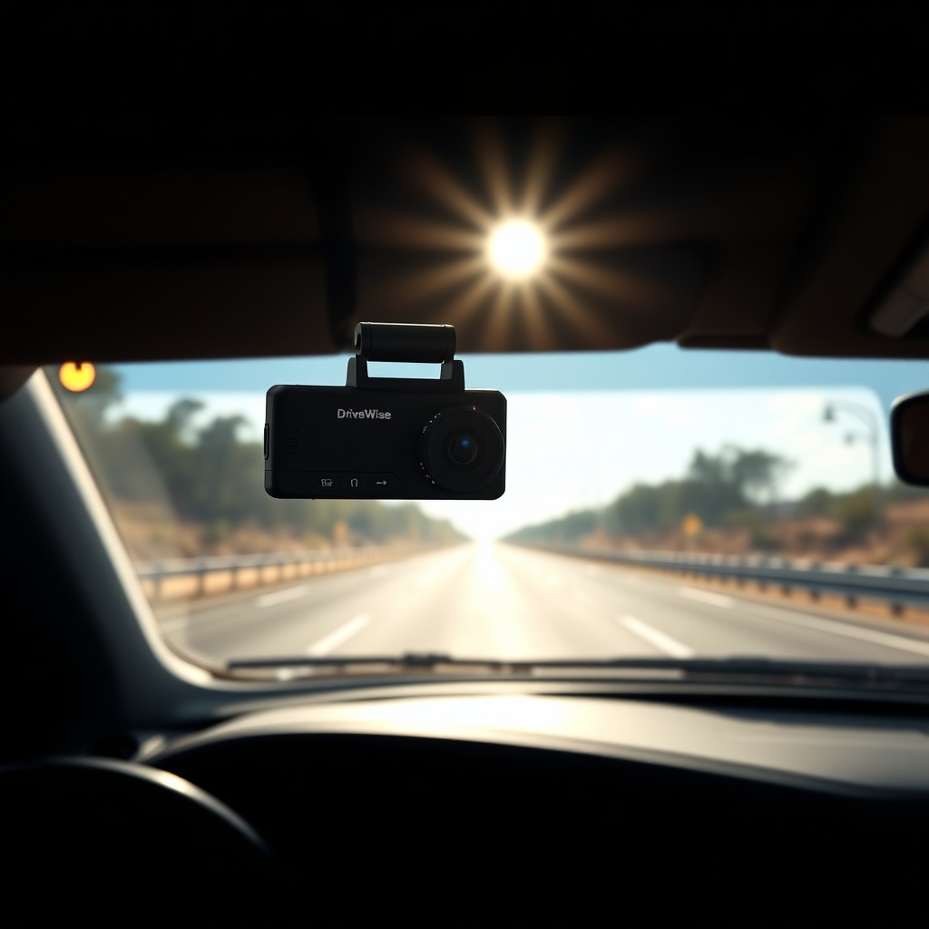 A photorealistic photo of a DriveWise Gear Pro dash cam mounted on a windshield during a s