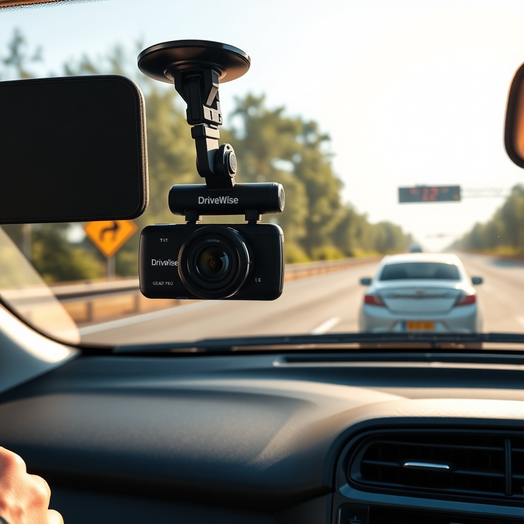 Photorealistic 16:9 photo of a DriveWise Gear Pro dash cam mounted on a car windshield