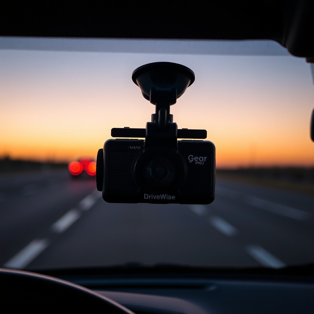 <photorealistic photo of a DriveWise Gear Pro dash cam mounted on a car windshield at dusk