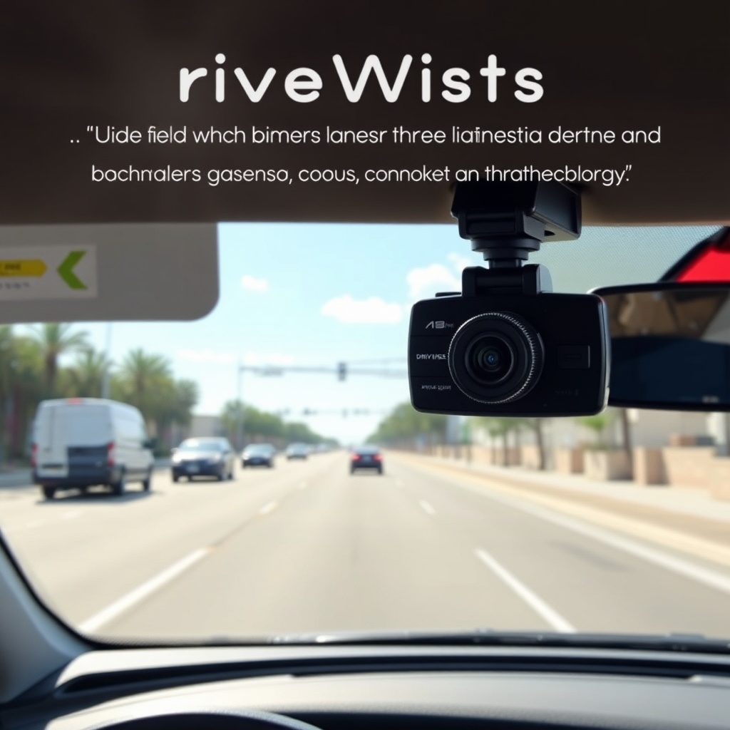 A photorealistic photo of a DriveWise Gear Pro dash cam mounted behind a car windshield