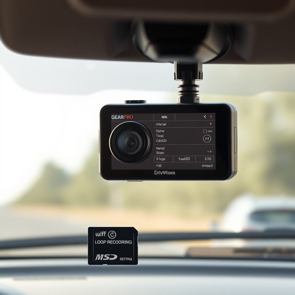 A clean photorealistic shot of a DriveWise Gear Pro dash cam mounted on a car windshield w