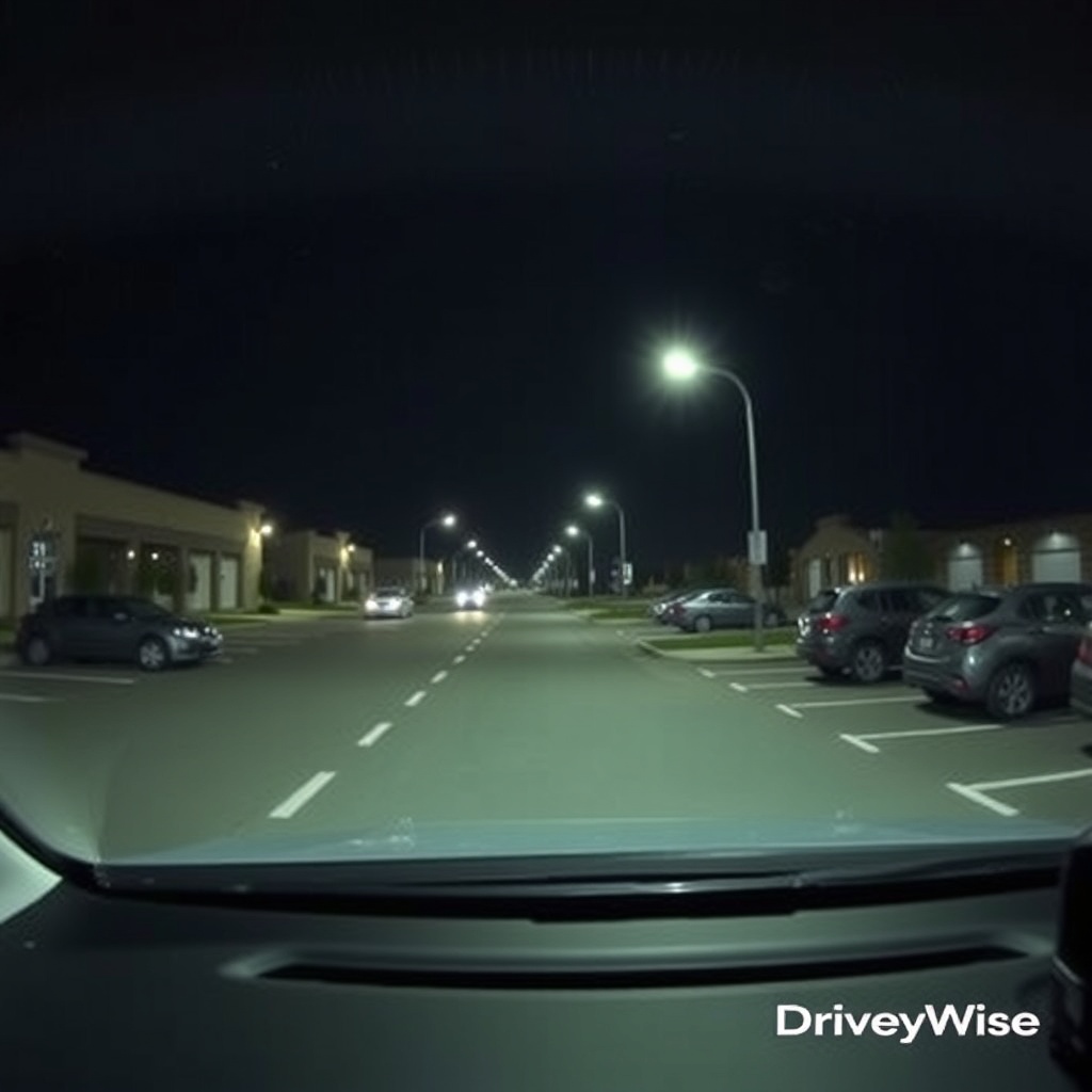 A real-world nighttime parking lot scene with a DriveWise Gear Pro dash cam mounted inside