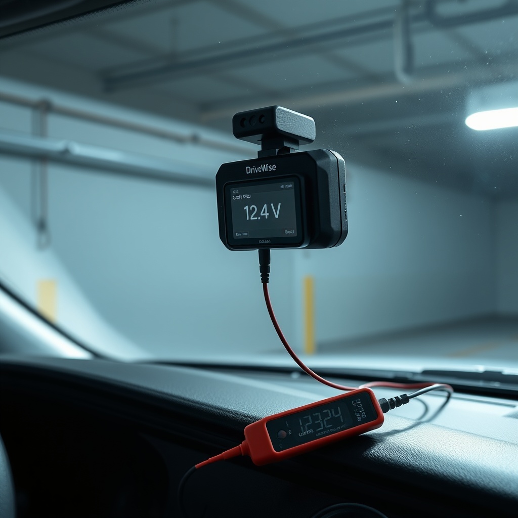 A photorealistic shot of a DriveWise Gear Pro dash cam mounted on a car windshield
