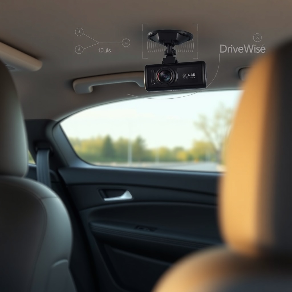 A photorealistic photo of a DriveWise Gear Pro dash cam installed in a car