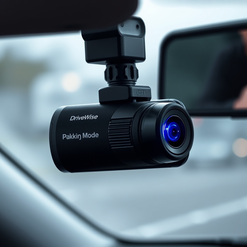 A photorealistic tight shot of a DriveWise Gear Pro dash cam mounted on a car windshield