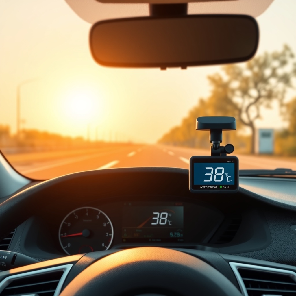 A photorealistic wide shot of a car dashboard with a DriveWise Gear Pro dash cam installed
