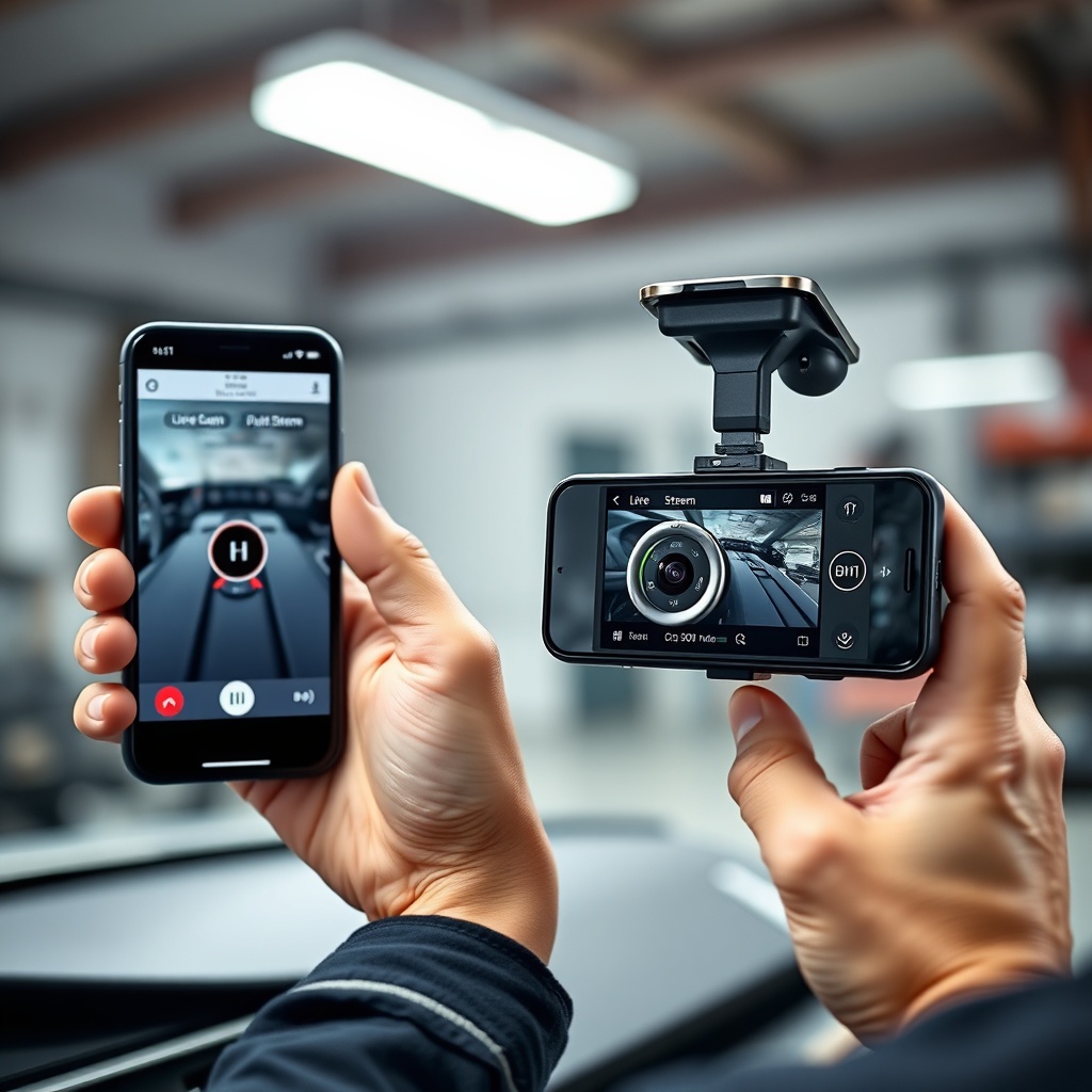 A clean photorealistic photo of a mechanic holding a DriveWise Gear Pro dash cam near a sm