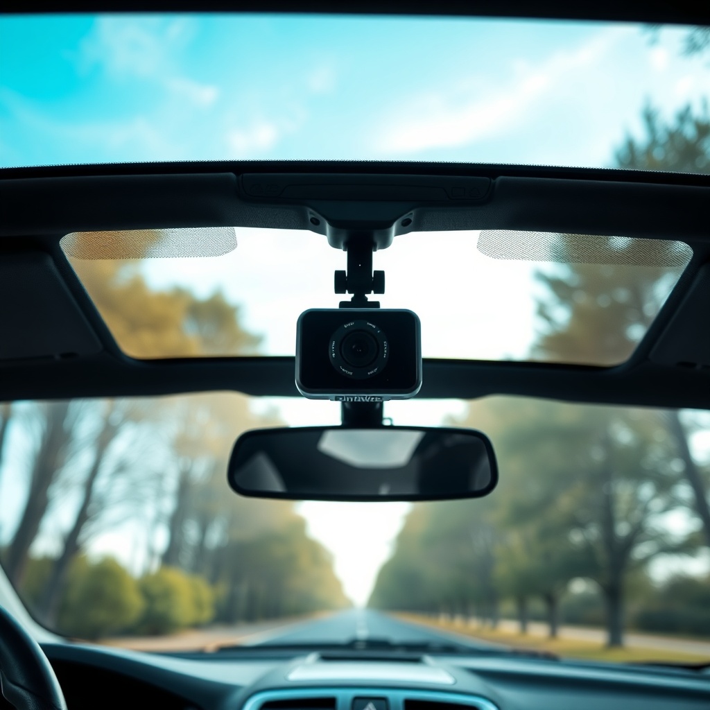 A clean photorealistic photo of a car dashboard with the DriveWise Gear Pro camera attache