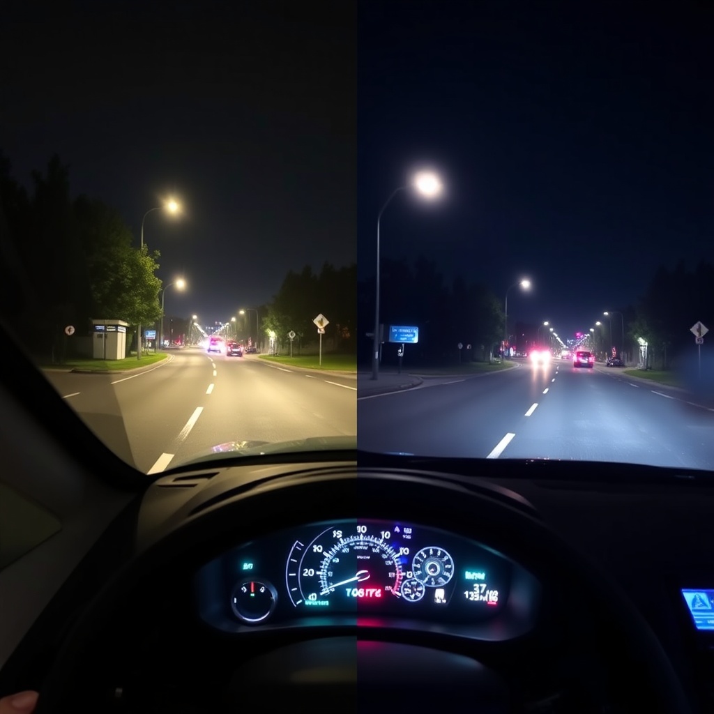 A photorealistic comparison shot showing the same night street scene captured with a stand