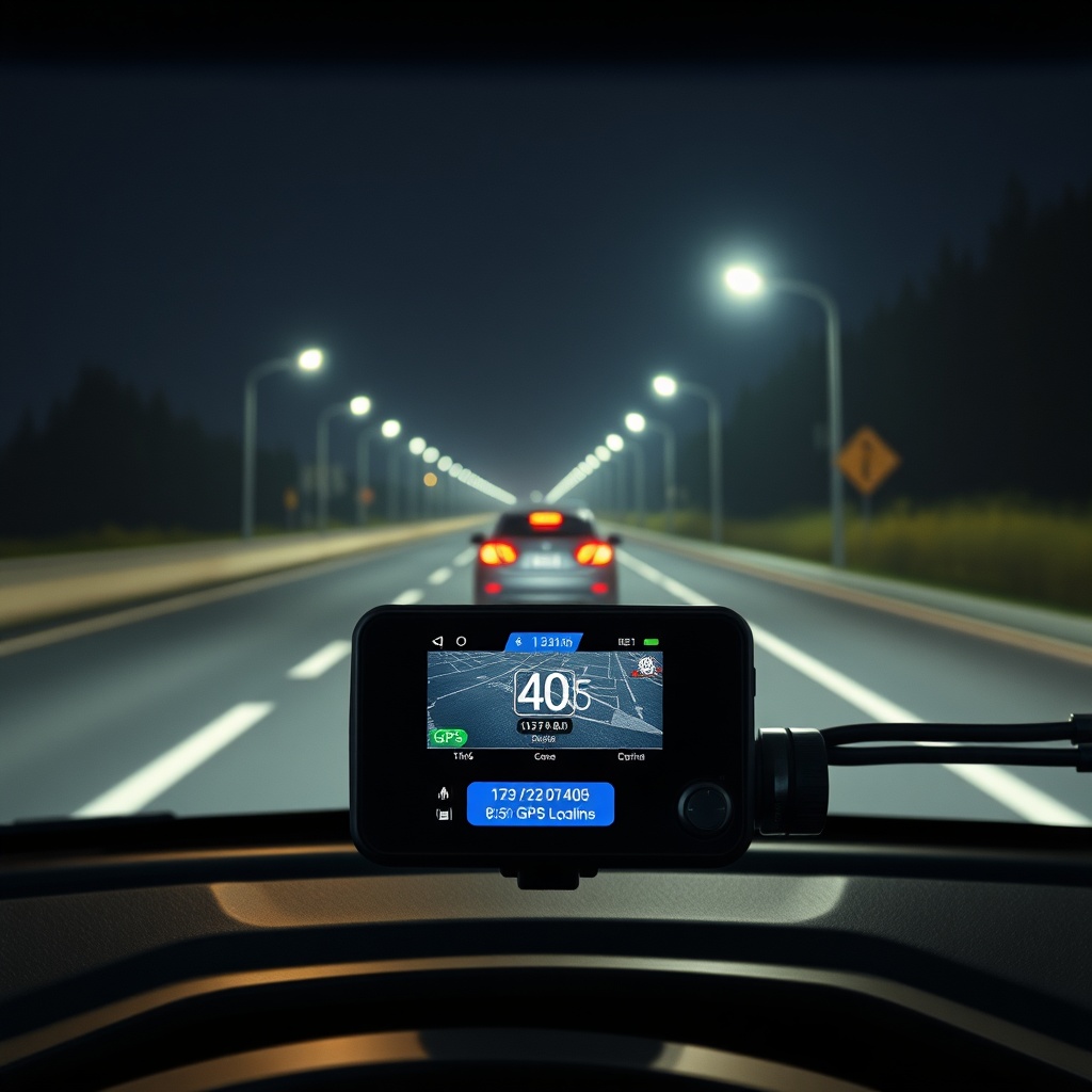 A photorealistic simulation of the DriveWise Gear Pro dash cam mounted behind a windshield