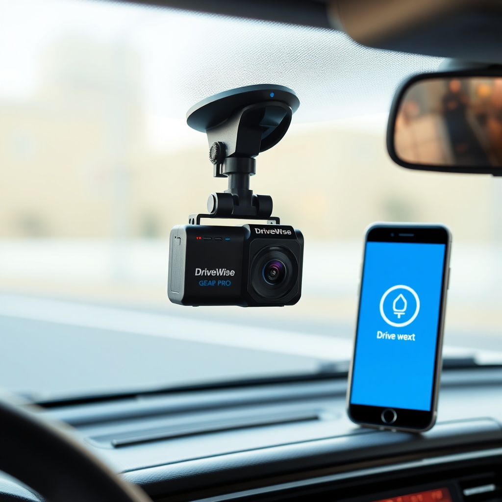 <a clean photorealistic photo of a DriveWise Gear Pro dash cam mounted on a car windshield