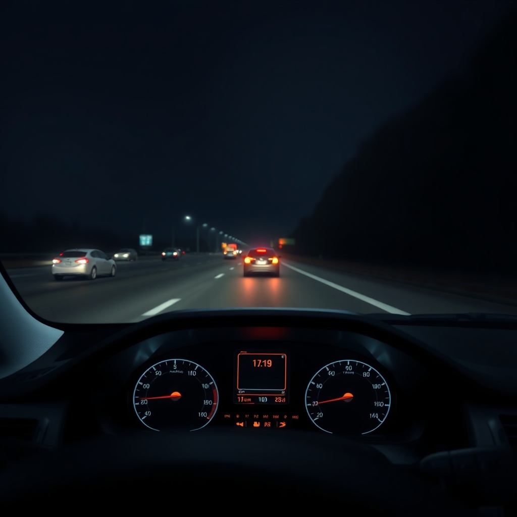 <clean photorealistic photo/illustration showing a car dash cam at night on a highway