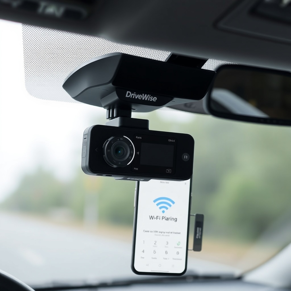A clean photorealistic photo of a DriveWise Gear Pro dash cam mounted on a windshield