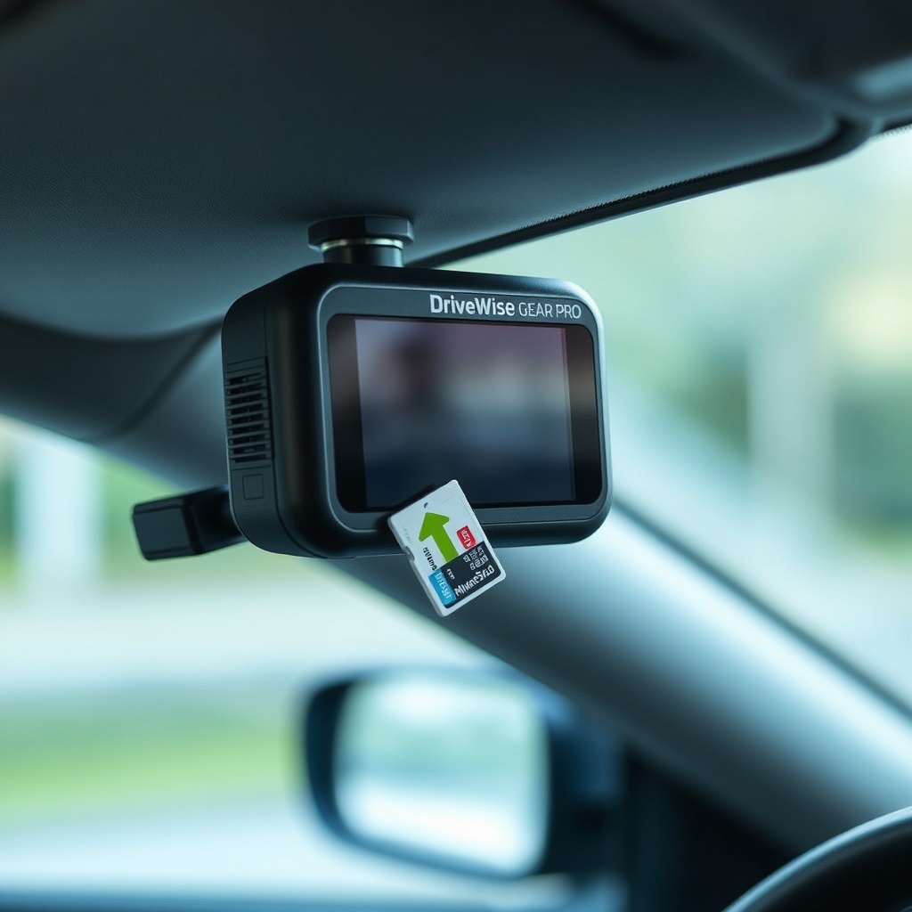 <clean photorealistic photo of a DriveWise Gear Pro mounted on a windshield with a microSD
