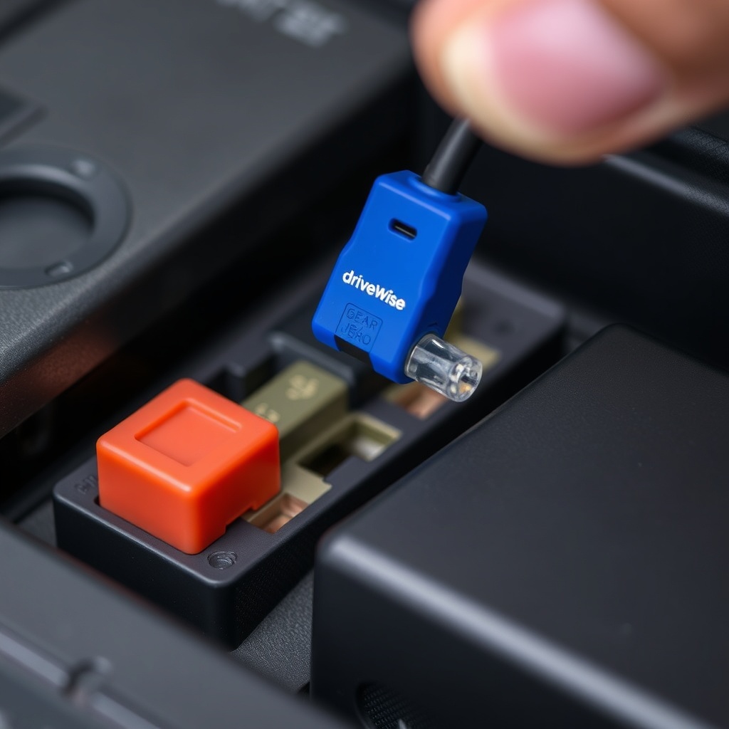 Close-up of a DriveWise Gear Pro fuse tap being inserted into a vehicle’s fuse box