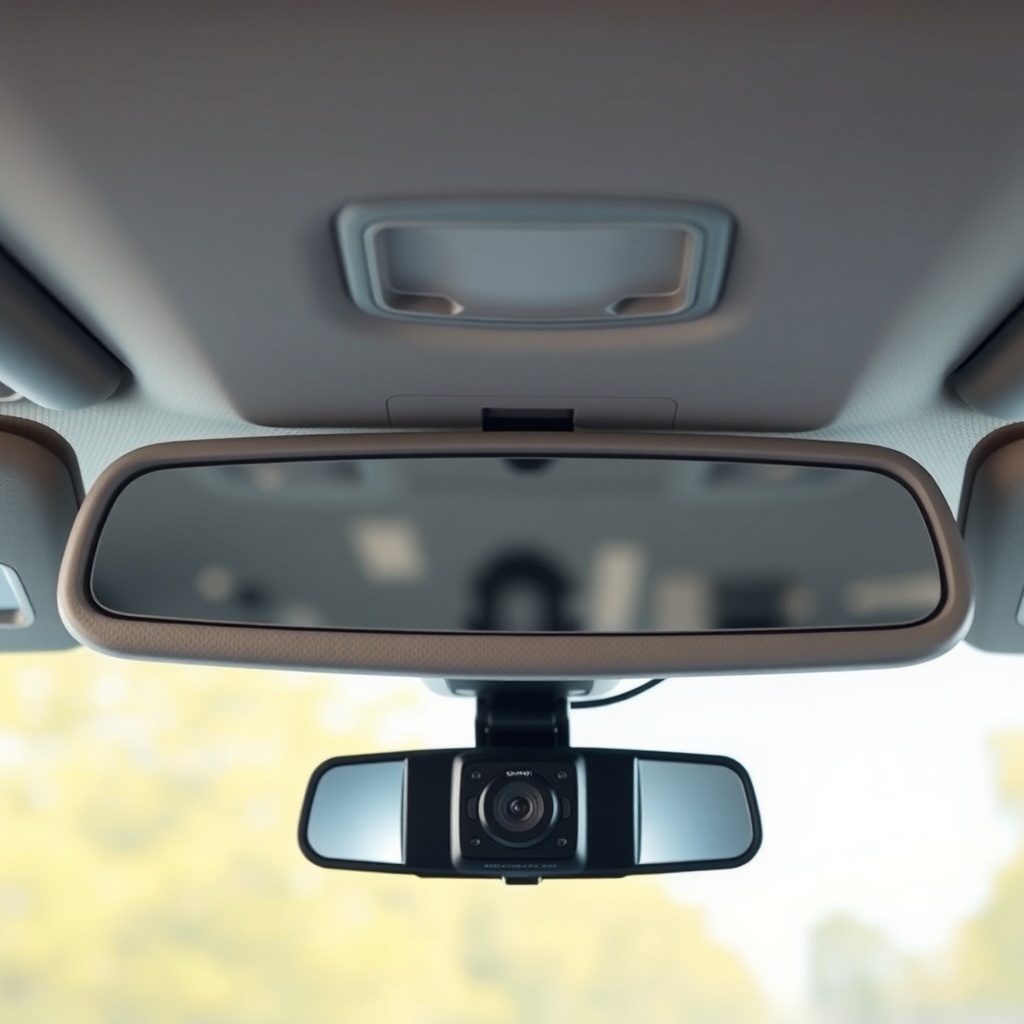 A photorealistic view of a DriveWise Gear Pro dash cam installed behind a rearview mirror