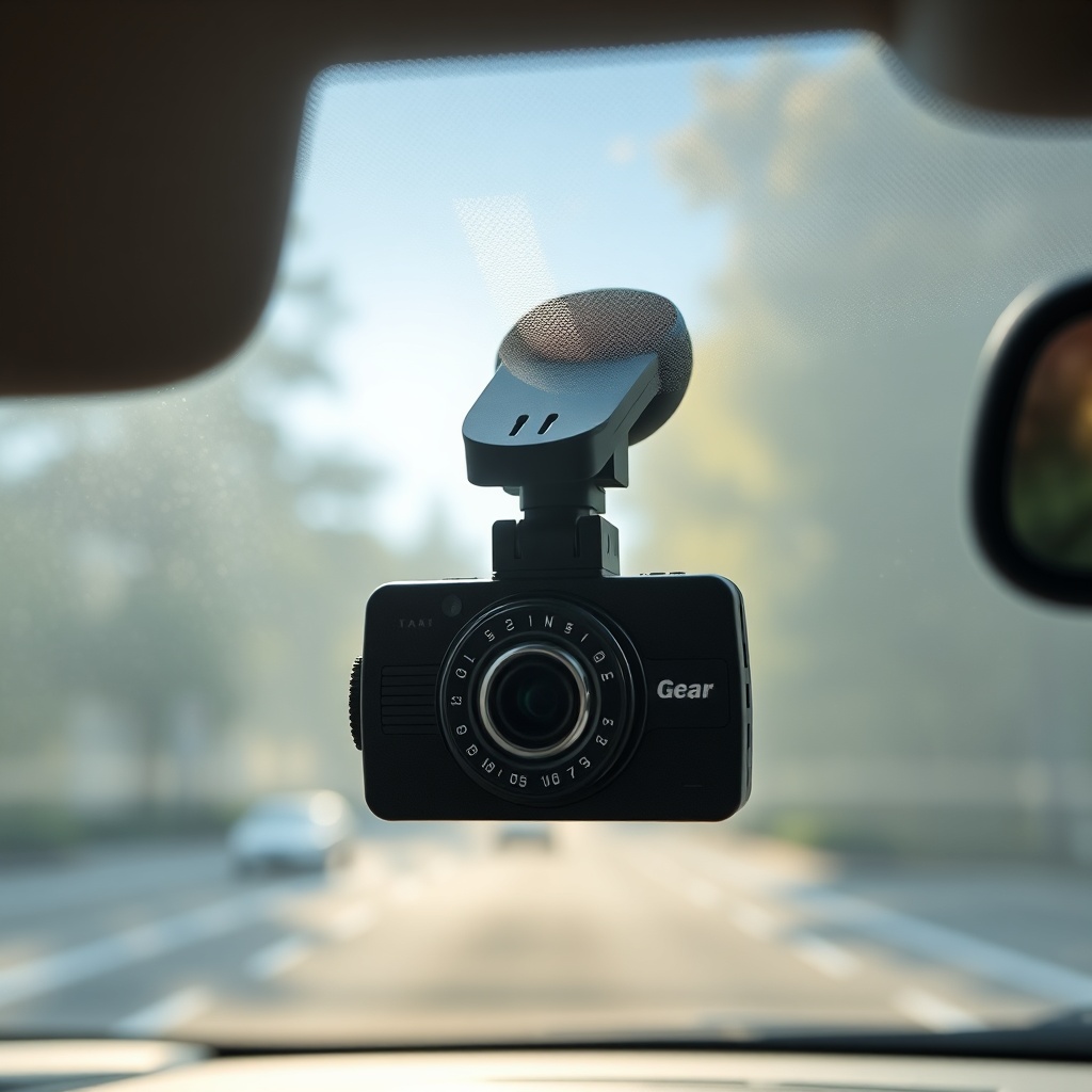 A photorealistic close-up of a DriveWise Gear Pro dash cam mounted near a car windshield