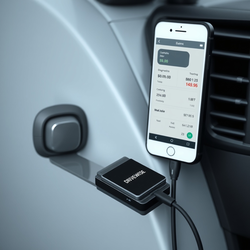 photorealistic photo of a DriveWise Gear Pro plugged into a car's OBD2 port