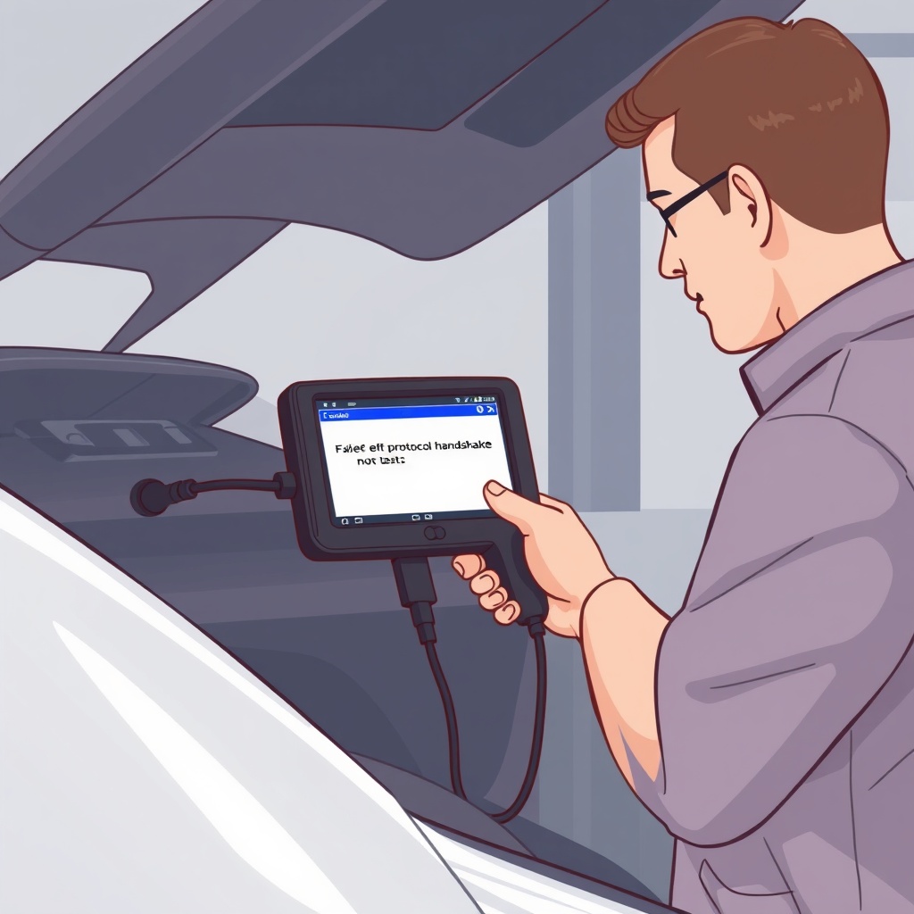 photorealistic illustration of a mechanic troubleshooting an OBD2 scanner plugged into a c