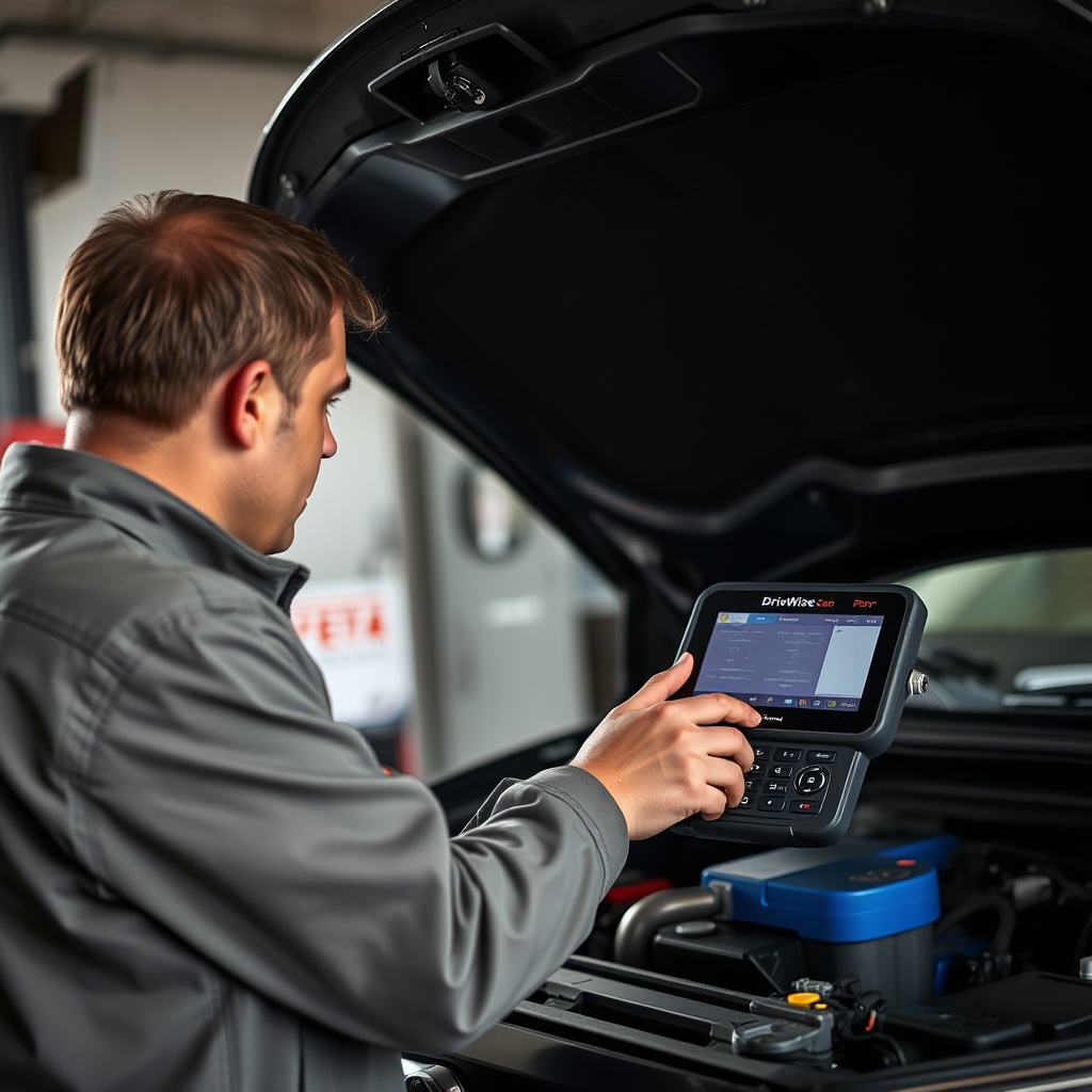 A photorealistic photo of a mechanic using a DriveWise Gear Pro scanner in a garage