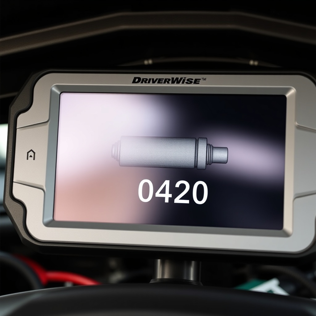 A clean photorealistic photo of a DriveWise Gear Pro screen displaying "P0420" with a cata