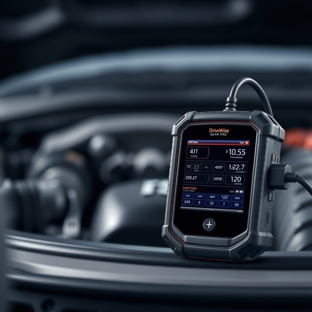 A clean photorealistic photo of a DriveWise Gear Pro plugged into a vehicle's OBD2 port wi