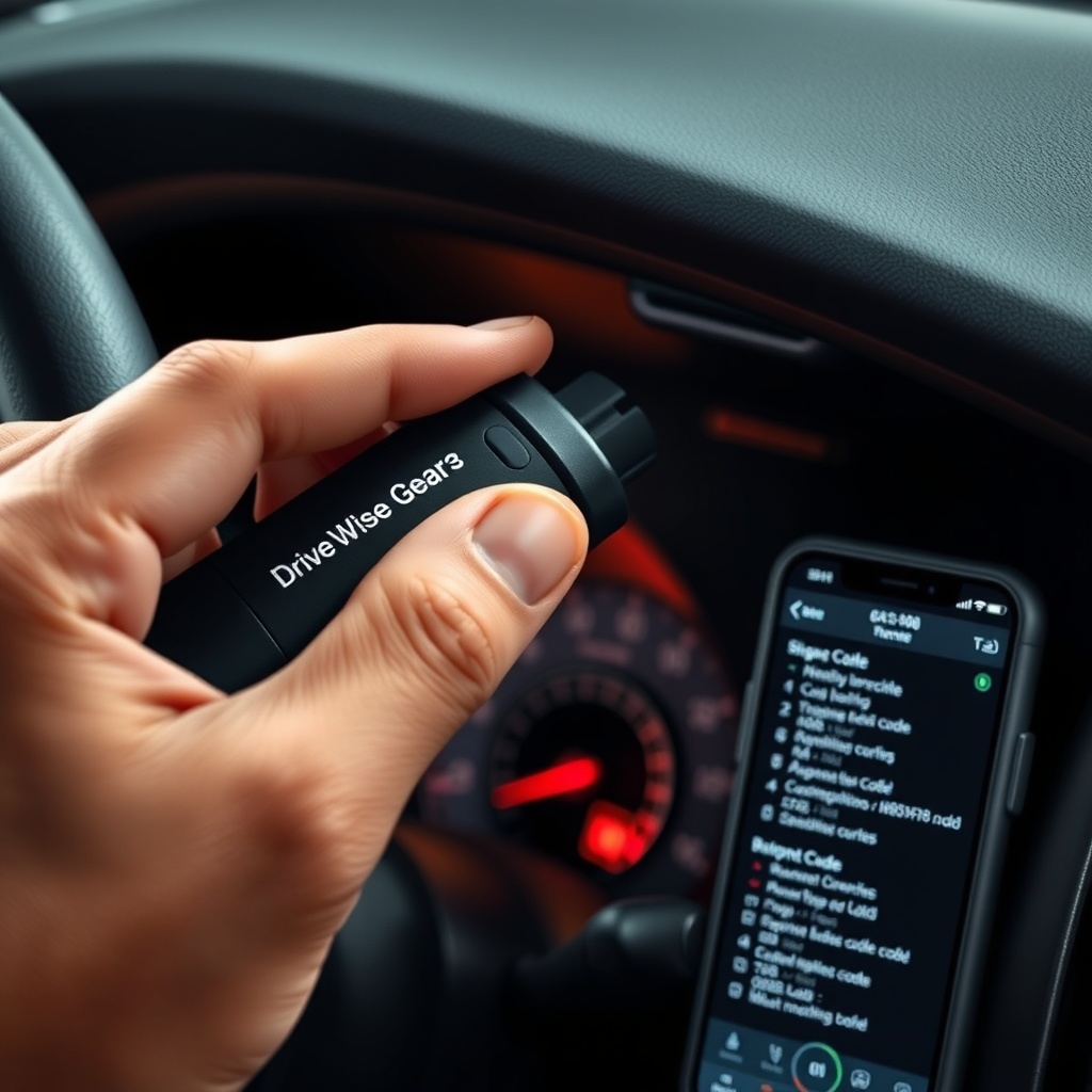 A photorealistic close-up of a mechanic’s hand holding the DriveWise Gear Pro scanner cabl