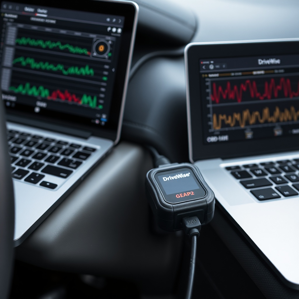 A photorealistic photo of a DriveWise Gear Pro OBD2 scanner plugged into a car's OBD-II po