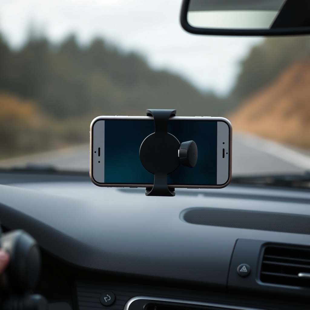 <clean photorealistic photo of a car dashboard with the DriveWise Gear Pro mount gripping