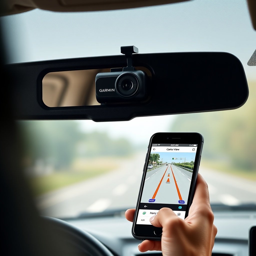A close‑up photorealistic photo of a Garmin Dash Cam Mini 2 mounted behind a rear‑view mir