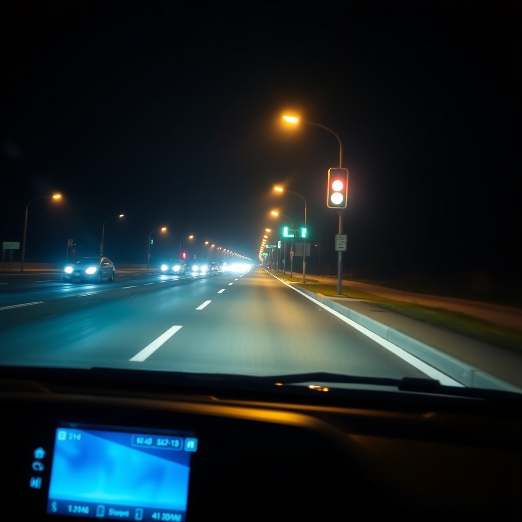 A photorealistic close-up of a dash cam screen displaying a crisp nighttime road scene wit