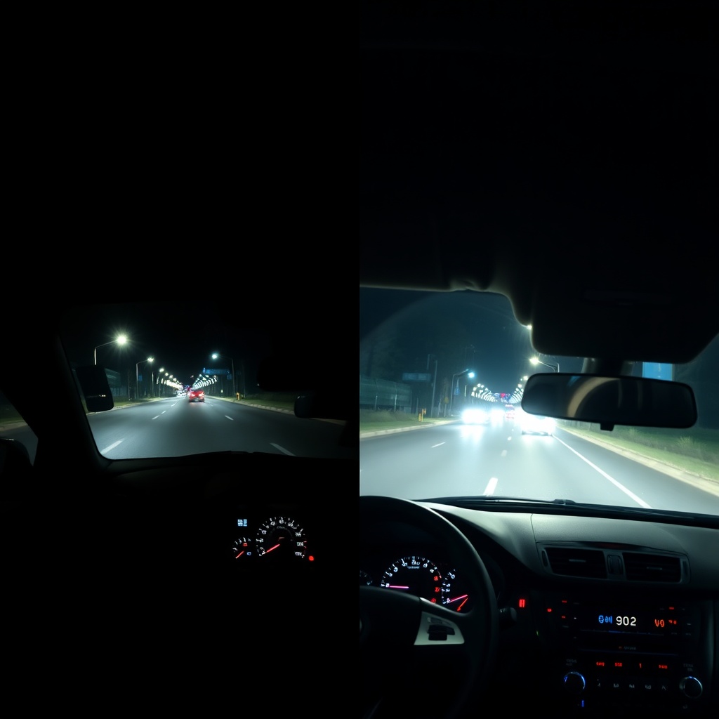 A photorealistic split-view nighttime road scene showing the same car interior and dashboa