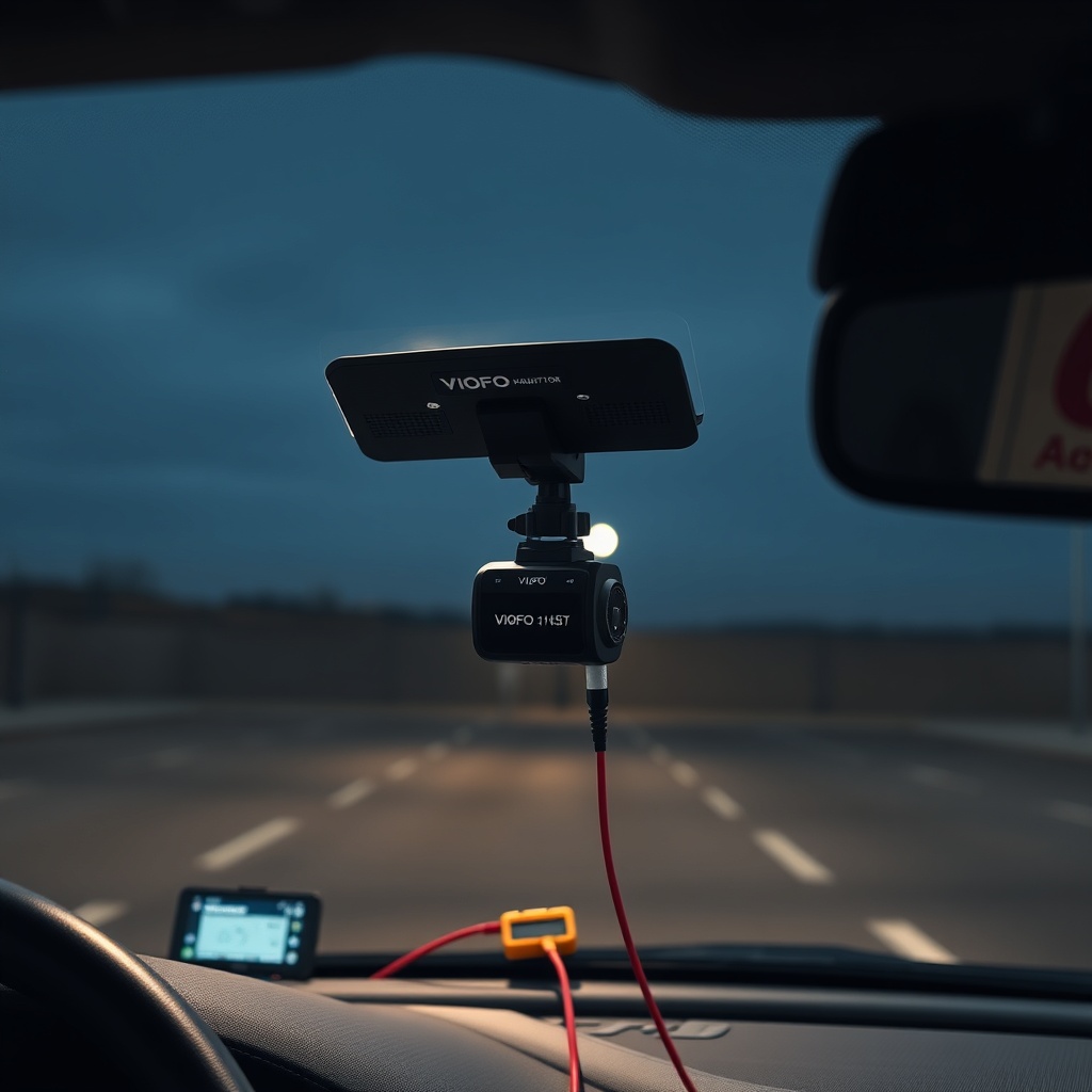 A clean photorealistic photo showing a VIOFO A129 Pro Duo mounted on a car windshield in a